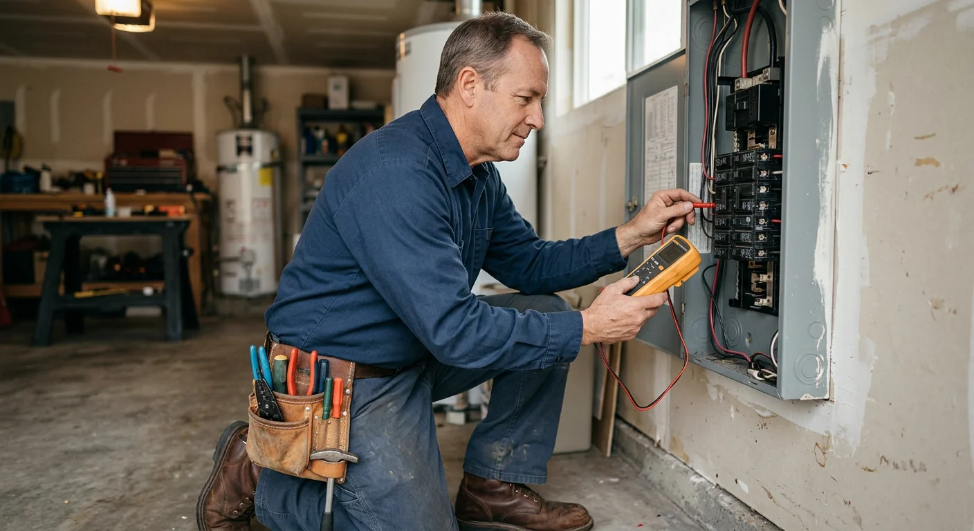 Electrician reviewing an upgraded home electrical panel in San Leandro with a homeowner
