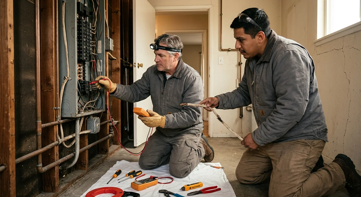 Electrician reviewing panel upgrade options with a homeowner beside an open breaker box