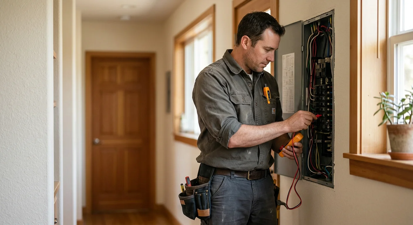 Technician labeling breaker positions during an electrical panel upgrade in a San Leandro home