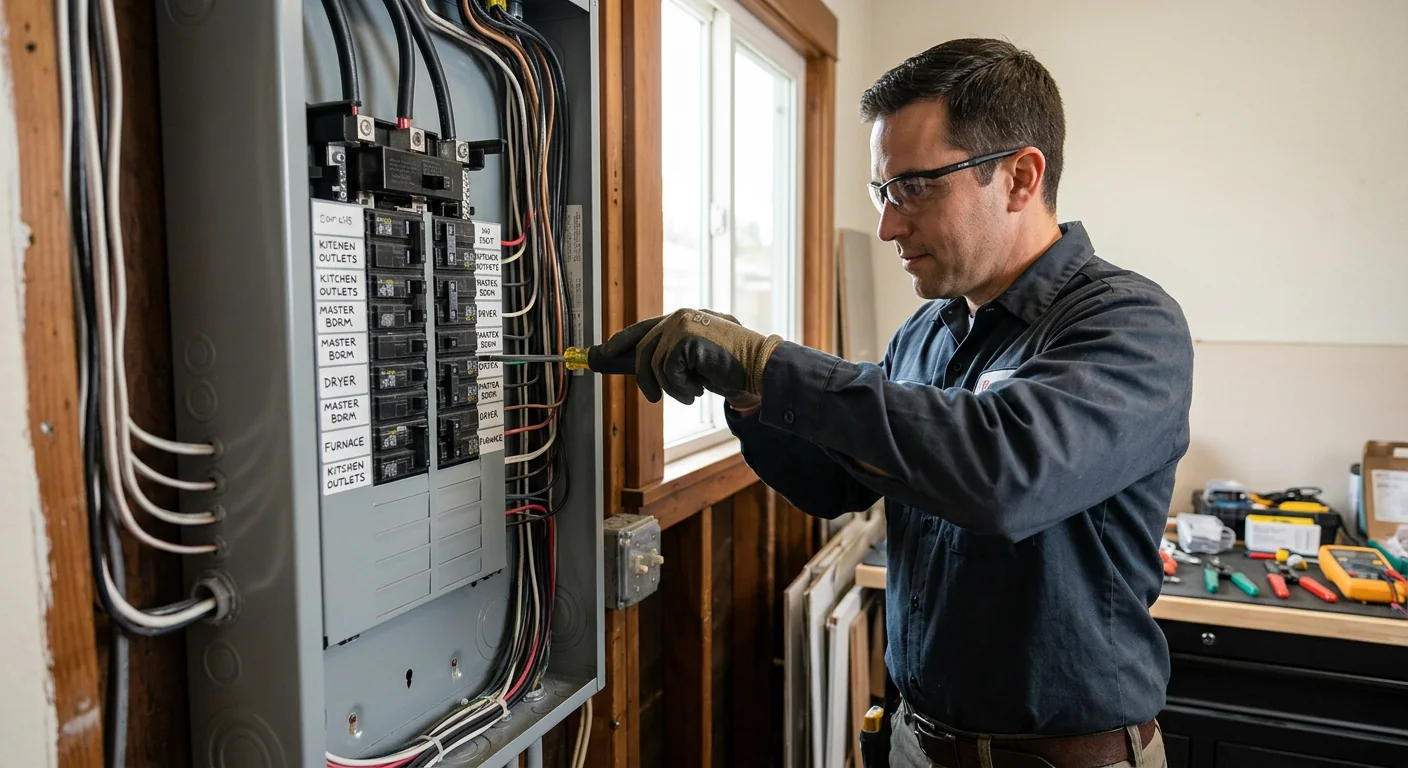Close-up of a new 200-amp breaker panel with neatly labeled circuits in San Leandro home