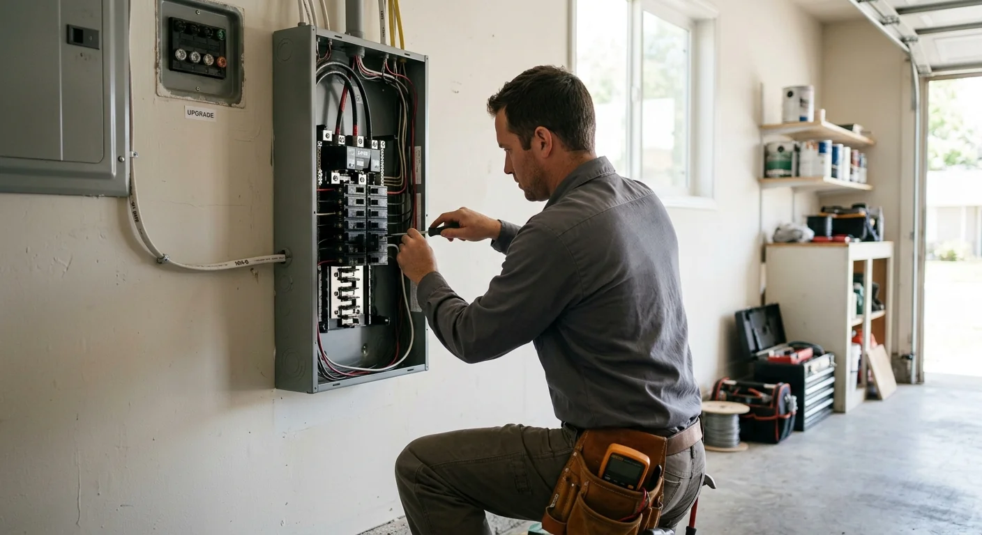 Wide shot of an electrician installing an upgraded service panel on a garage wall