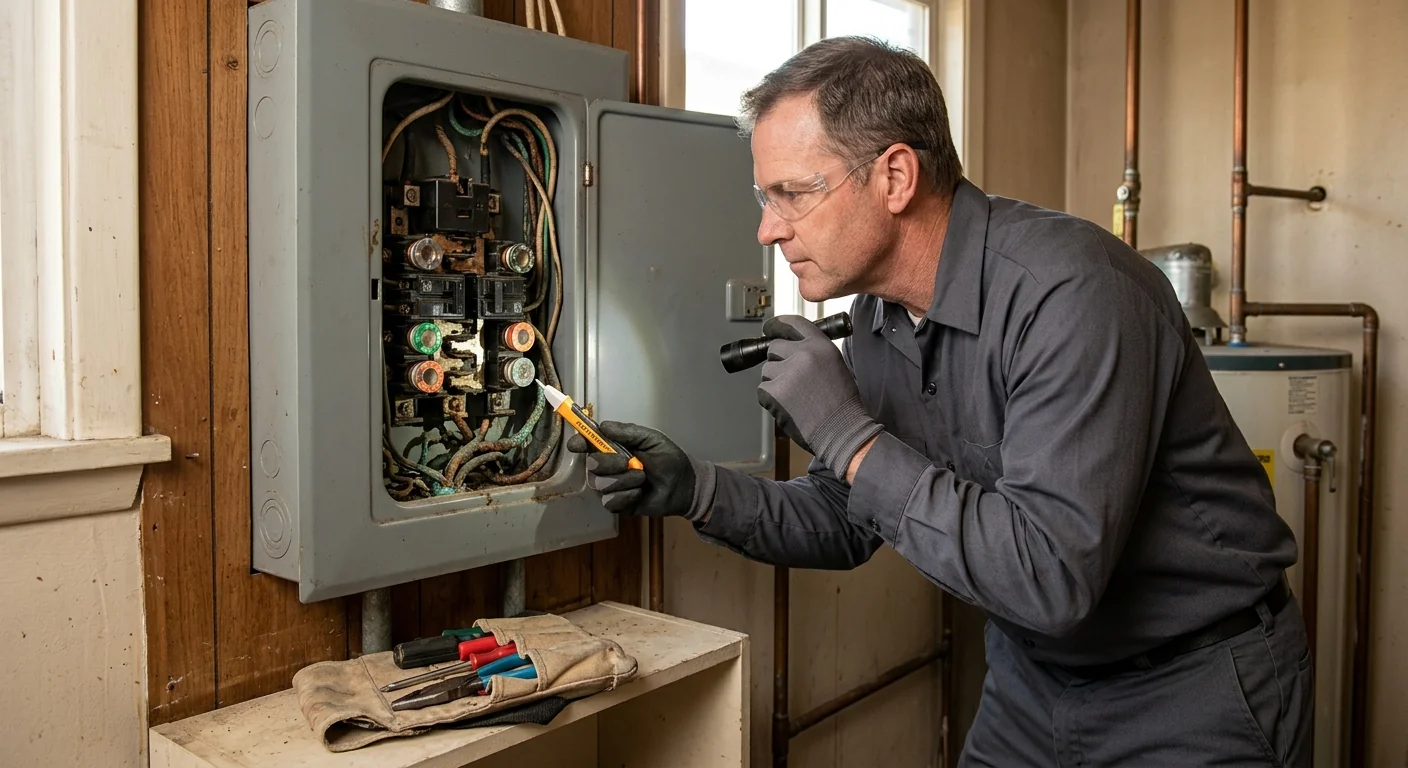 Older fuse box before removal showing corroded wiring and outdated breakers