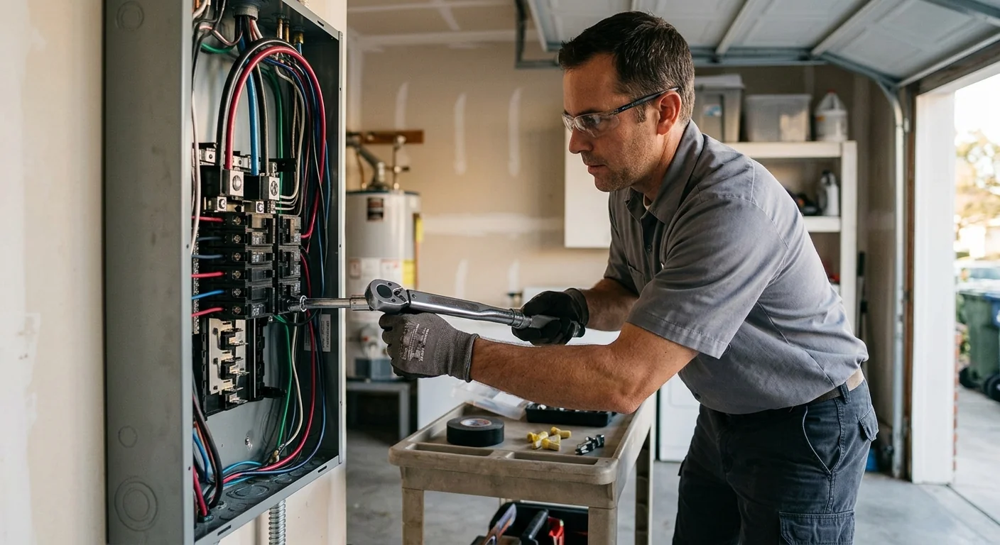 Technician torquing breaker connections with a calibrated tool during panel replacement