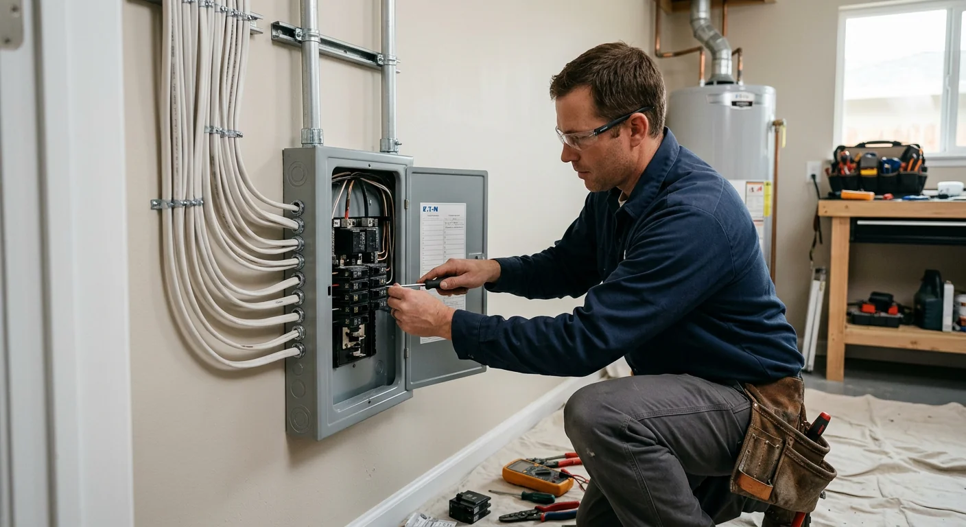 Finished flush-mounted electrical panel with clean conduit runs in a San Leandro utility room