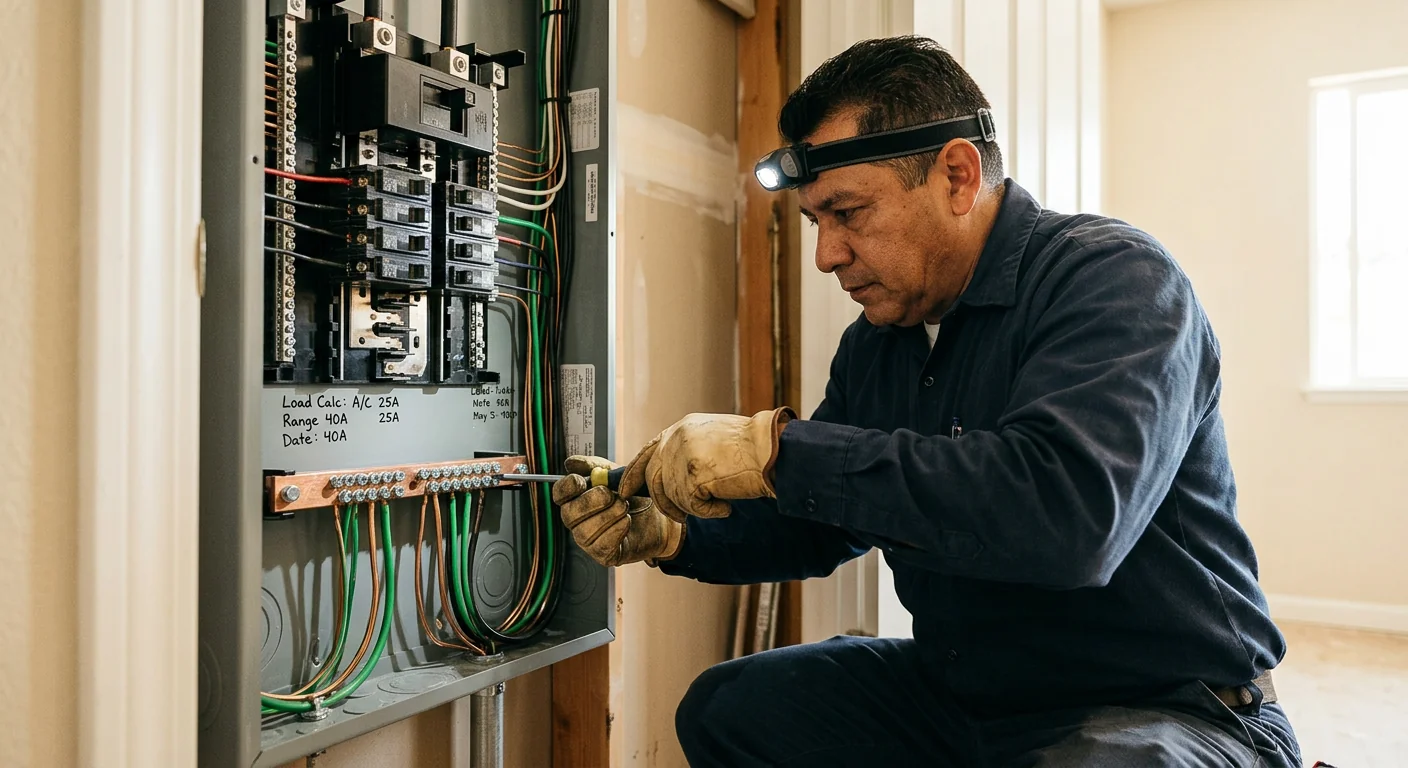 Load calculation notes and grounding bar detail inside a freshly upgraded panel