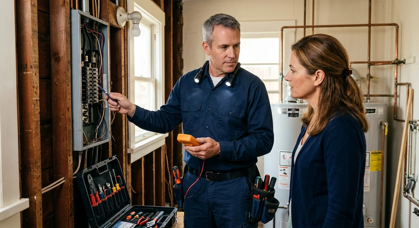Electrician reviewing panel upgrade results with a homeowner during a walkthrough in San Leandro