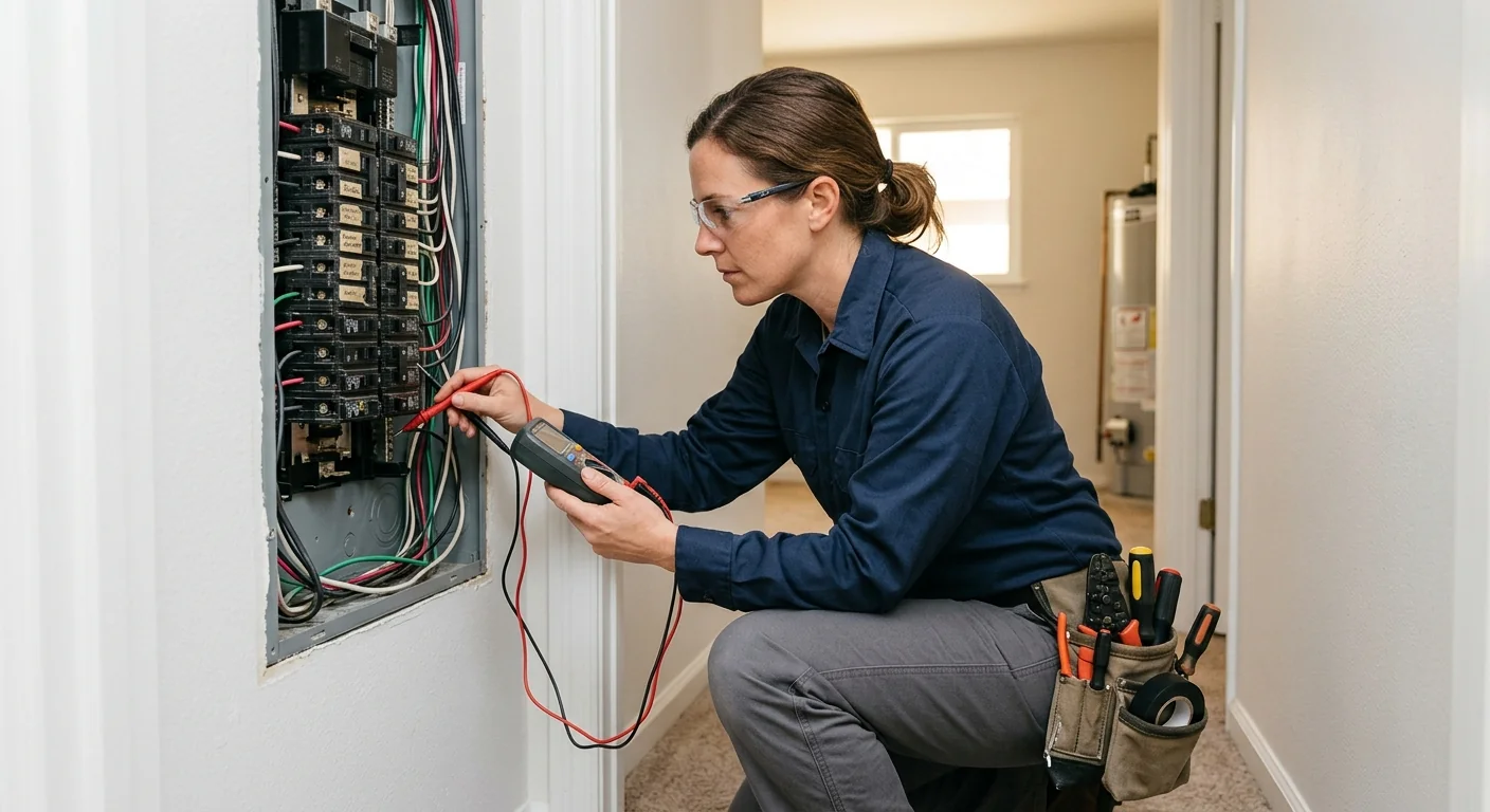 Technician reviewing an inspection cost estimate beside a residential breaker box