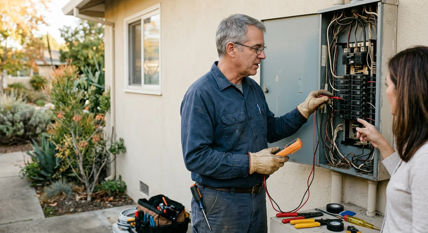 Electrician reviewing a home electrical inspection checklist with a homeowner in San Leandro