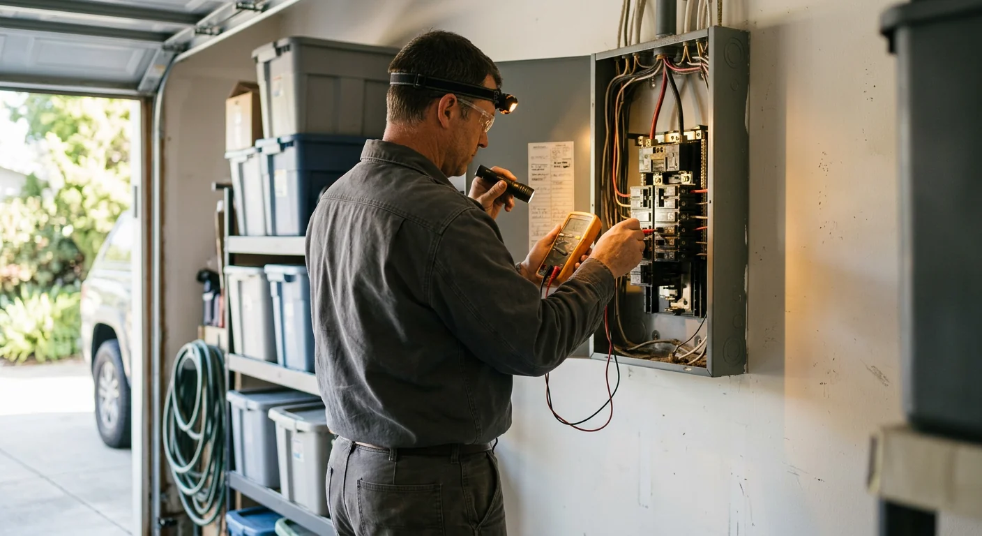 Electrician reviewing inspection findings with a homeowner beside an open panel