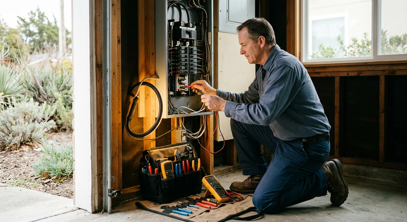 Electrician reviewing a residential service panel during a San Leandro home inspection