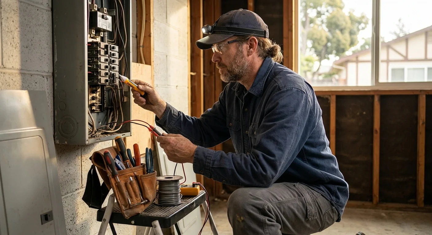 Technician testing outlets and wiring connections in an older San Leandro home