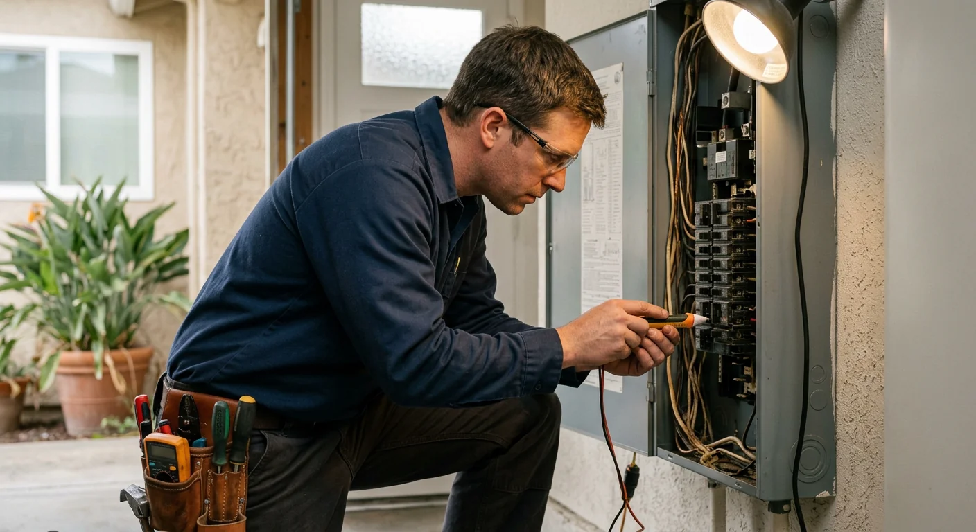Electrician checking a home electrical panel during a safety inspection in San Leandro