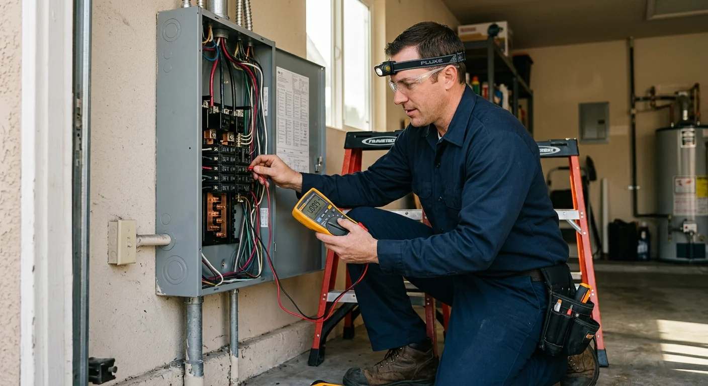 Technician examining an open electrical panel during a home inspection in San Leandro