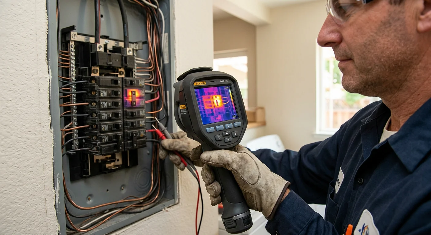 Close-up of a thermal camera reading warm breakers inside a residential panel