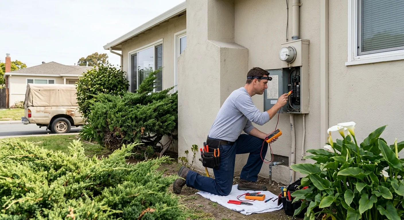 Wide shot of an older San Leandro home exterior before a full electrical inspection
