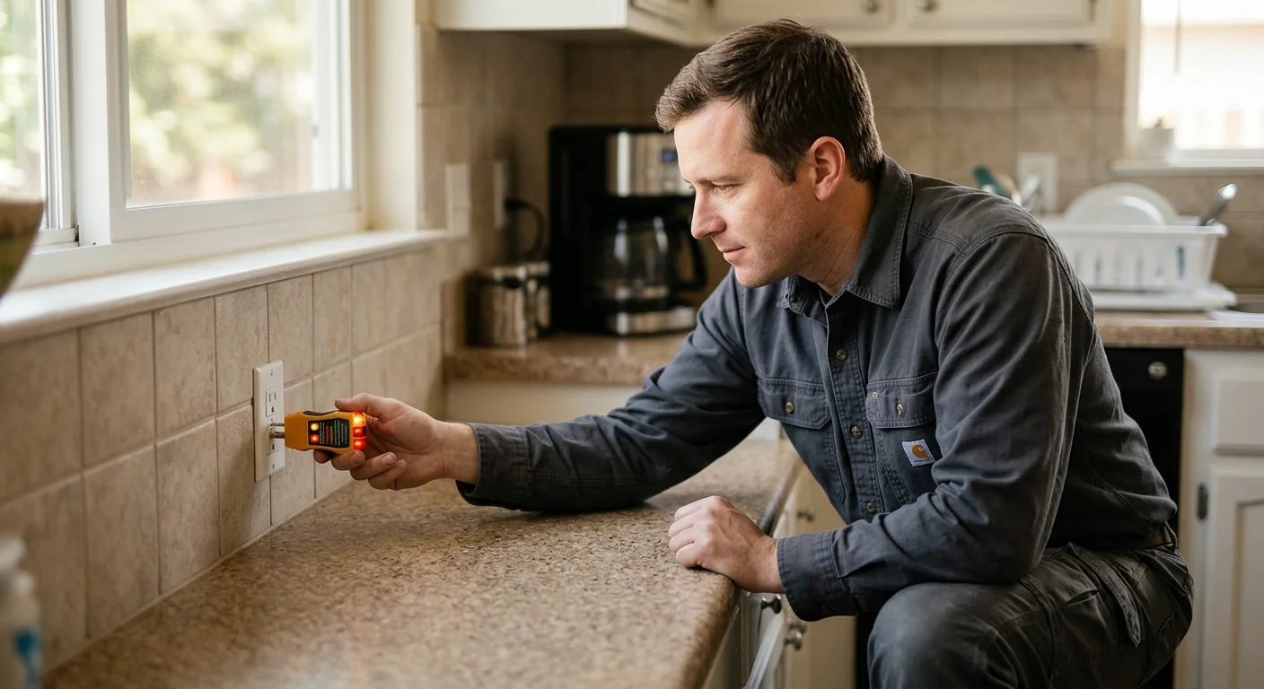 Inspector testing outlet grounding with a plug tester in a kitchen