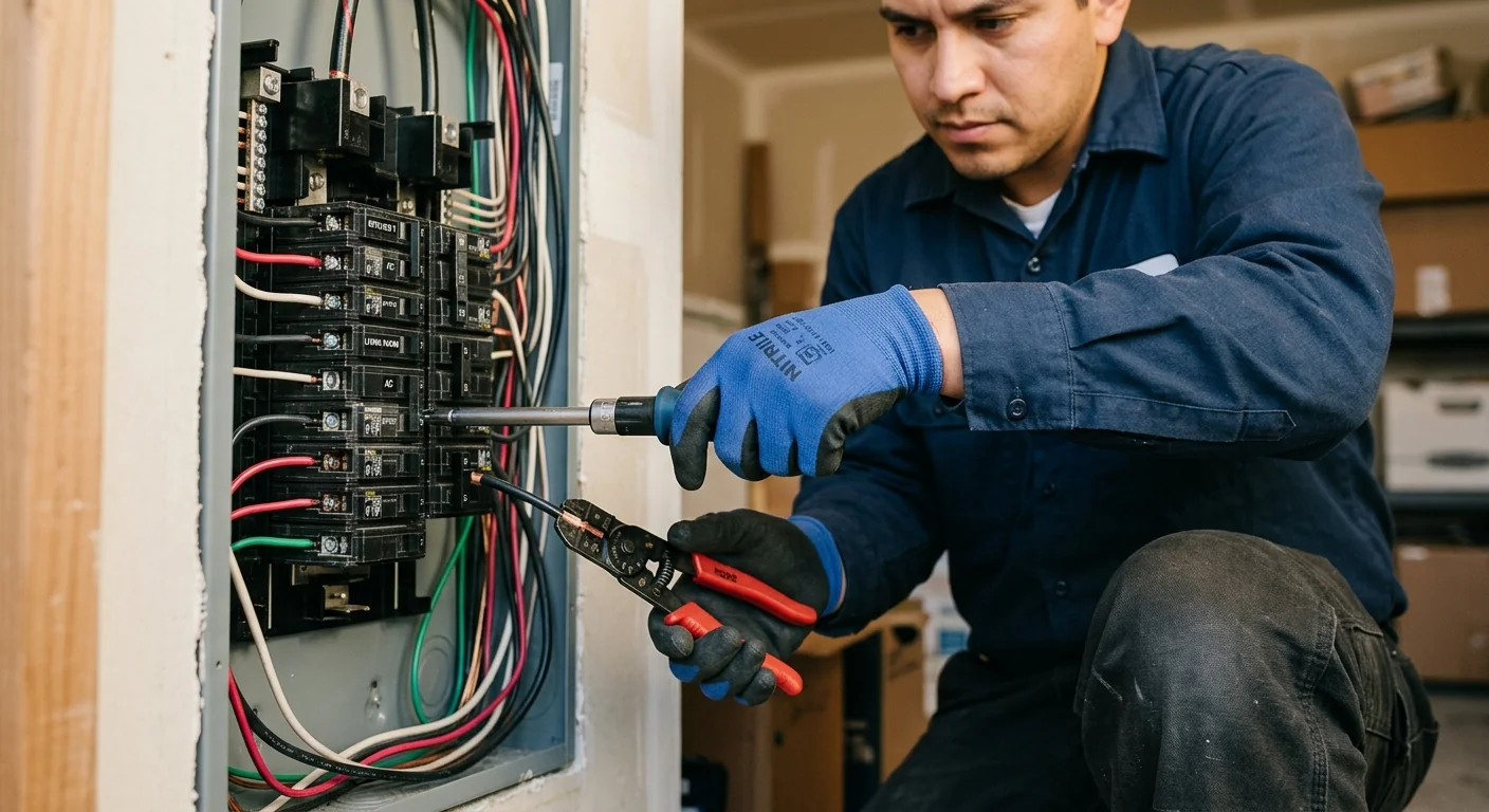 Hands checking wire connections and torque on a labeled circuit breaker
