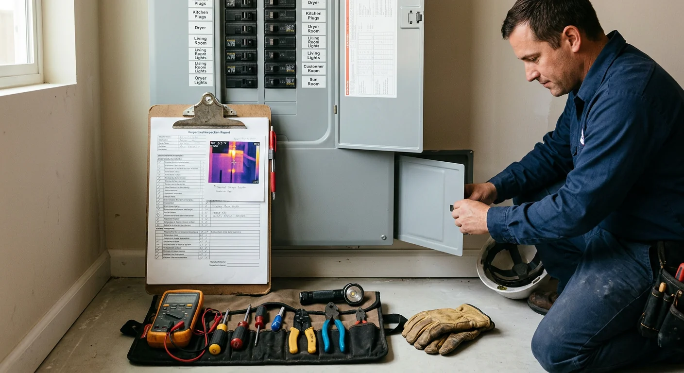 Finished inspection report and checklist resting on a completed electrical panel