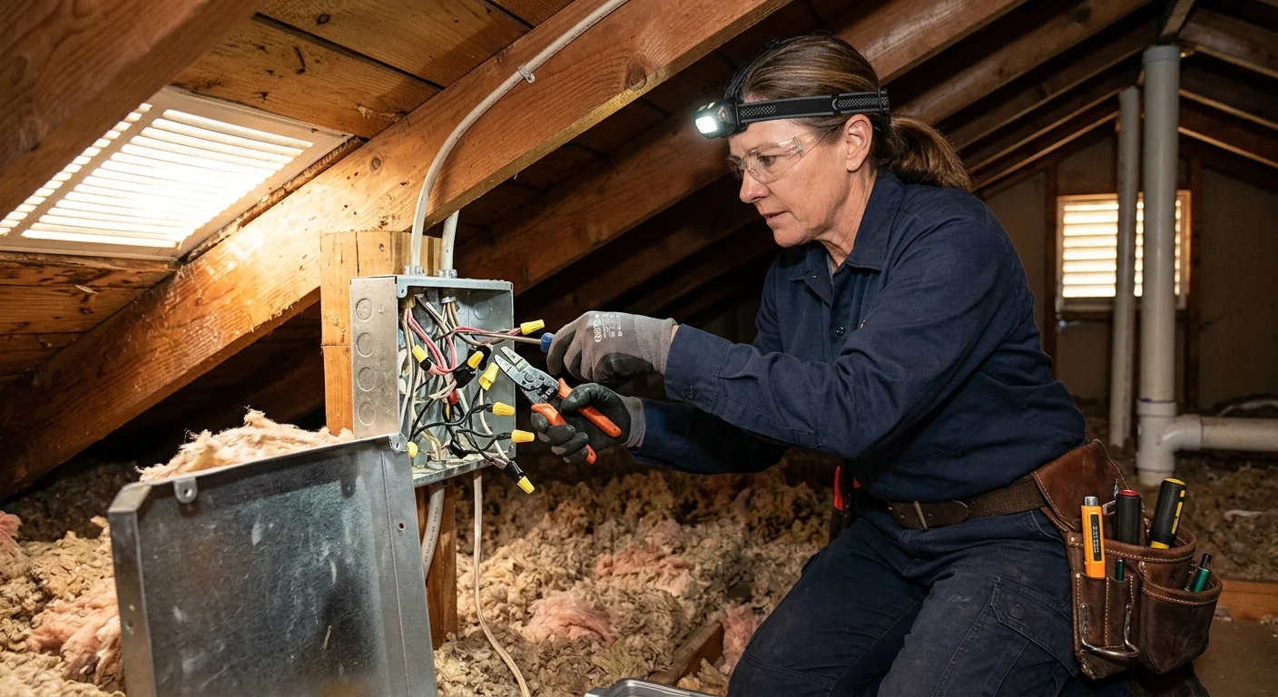 Attic junction box inspection showing repaired wiring and secured connectors