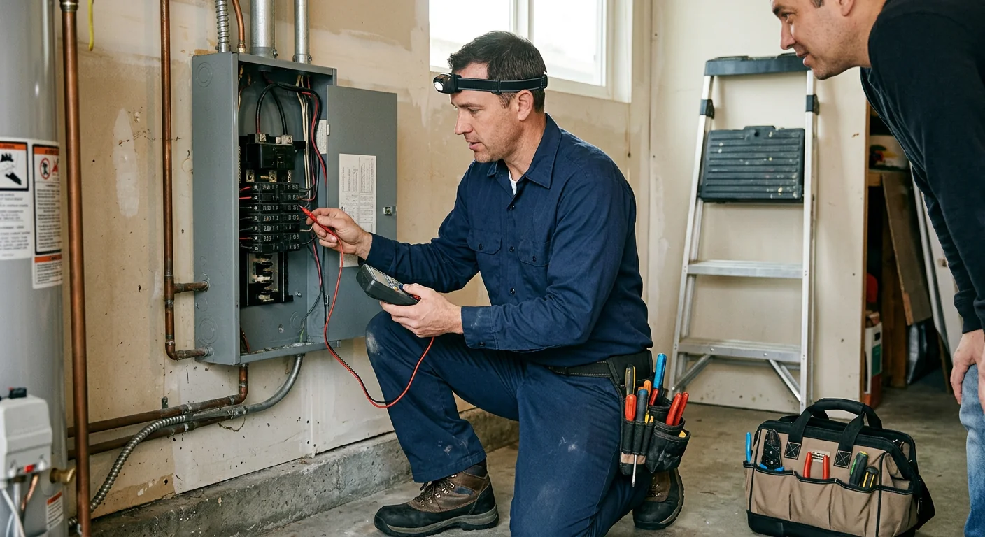 Experienced electrician explaining inspection findings to a homeowner in a San Leandro home
