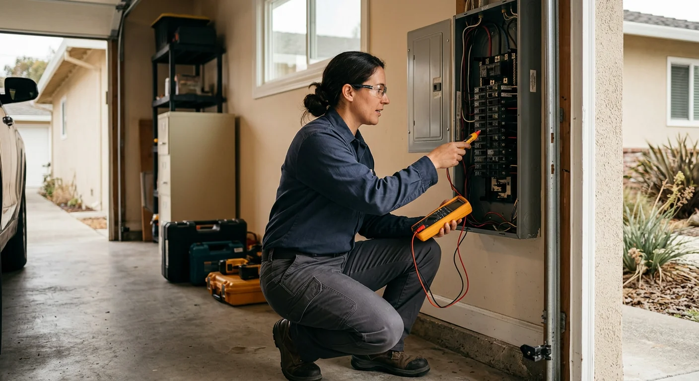 Electrician team member testing a residential panel in San Leandro