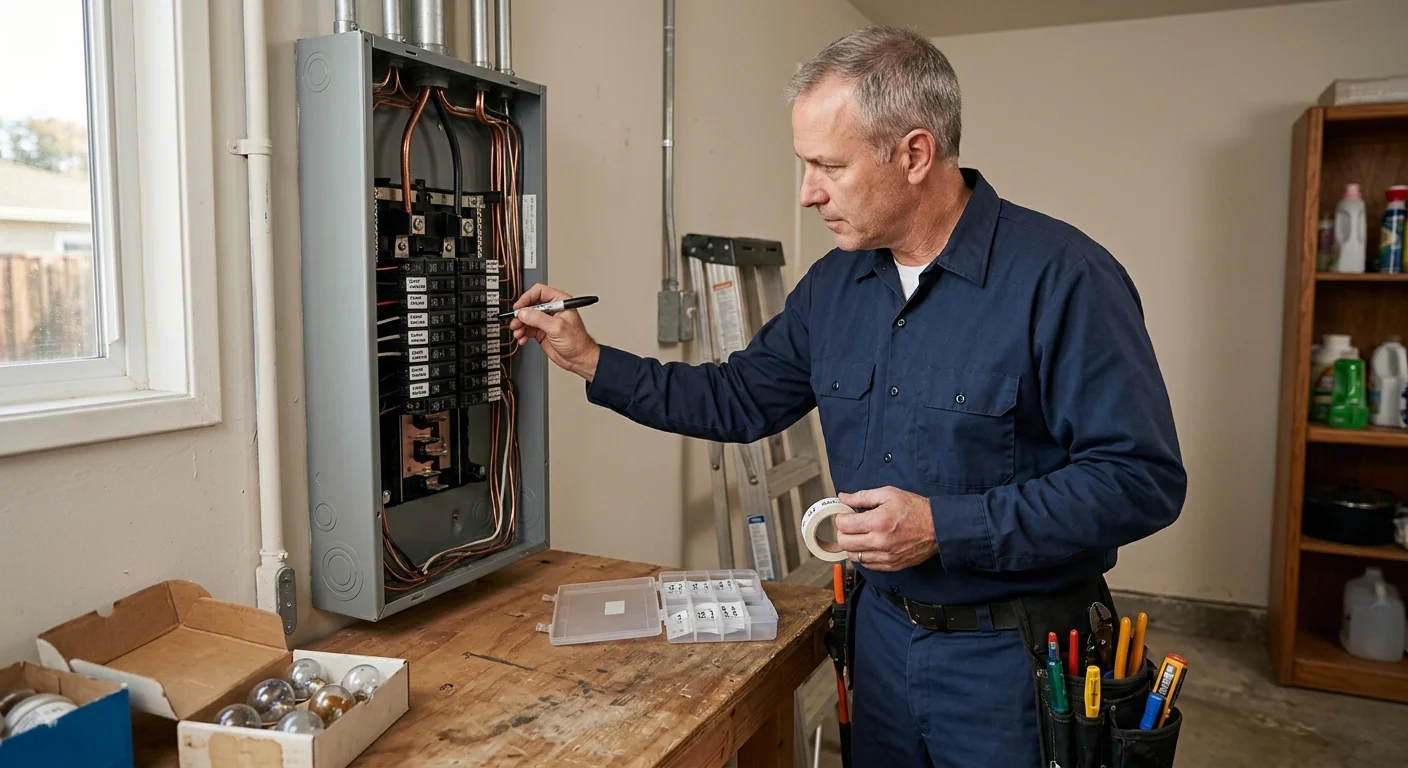 Technician labeling breakers during a service upgrade in a local home