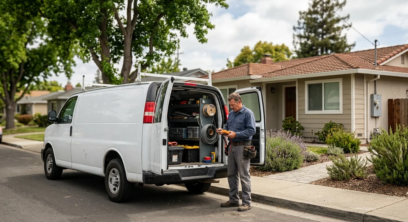 Service van parked outside a San Leandro home before an electrical visit