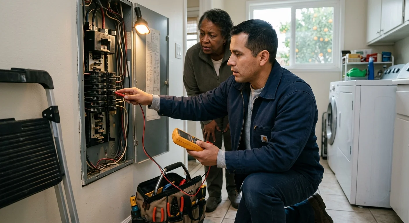 Electrician reviewing a service schedule for San Leandro homeowners at a work desk