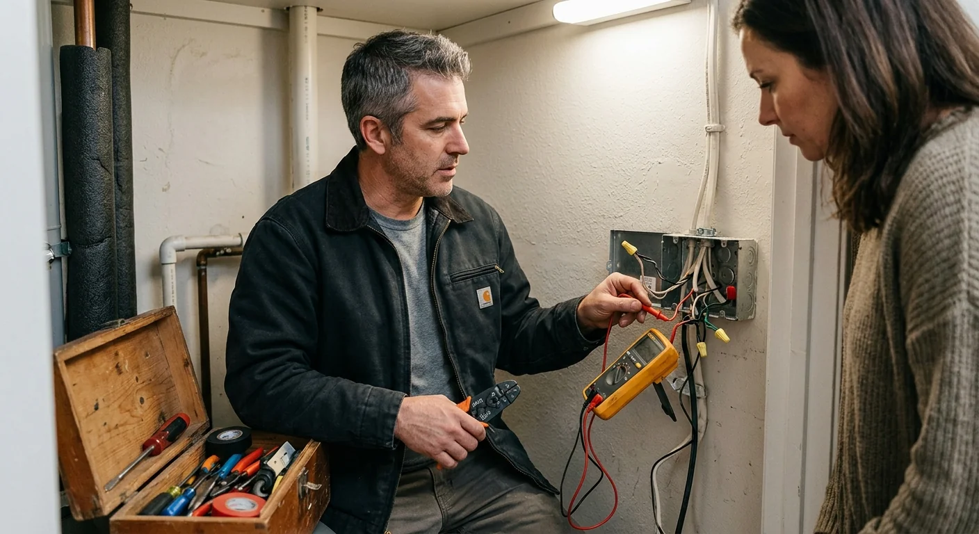 Electrician reviewing a written estimate with a homeowner in a San Leandro living room