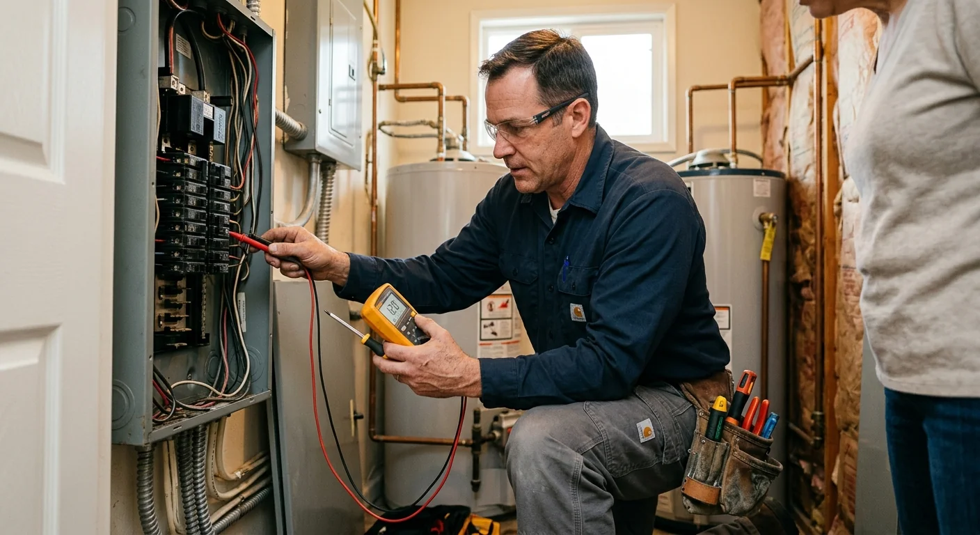 Electrician reviewing a home electrical panel with a homeowner in San Leandro