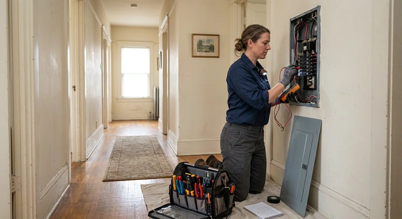 Open electrical panel in an older San Leandro home hallway during inspection