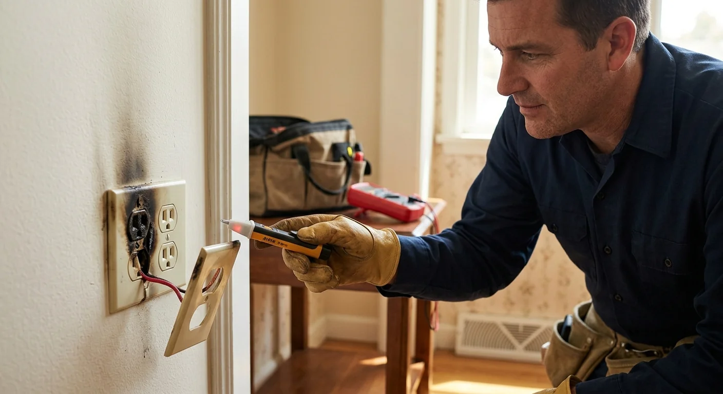 Discolored wall outlet showing burn marks from an overloaded circuit