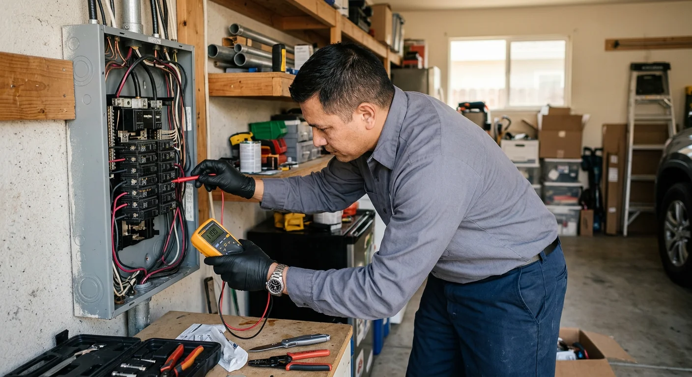 Technician testing breaker panel wiring with a multimeter during a service call
