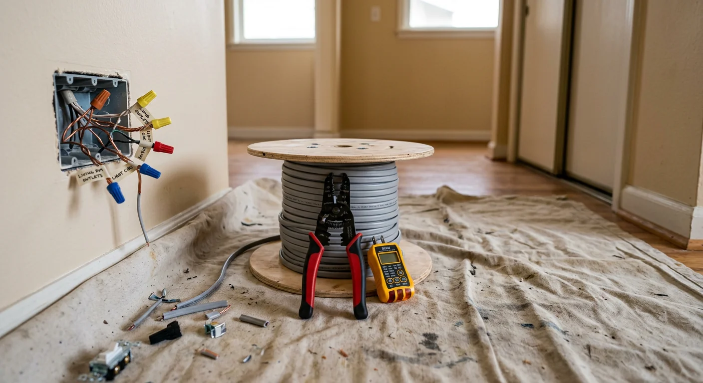 Electrical tools and open junction box arranged for active rewiring work