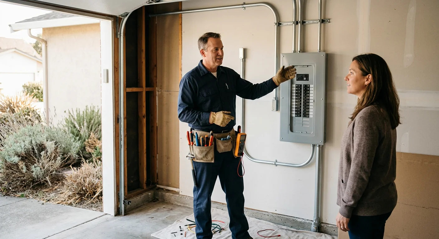 Electrician reviewing a circuit diagnosis with a homeowner in San Leandro