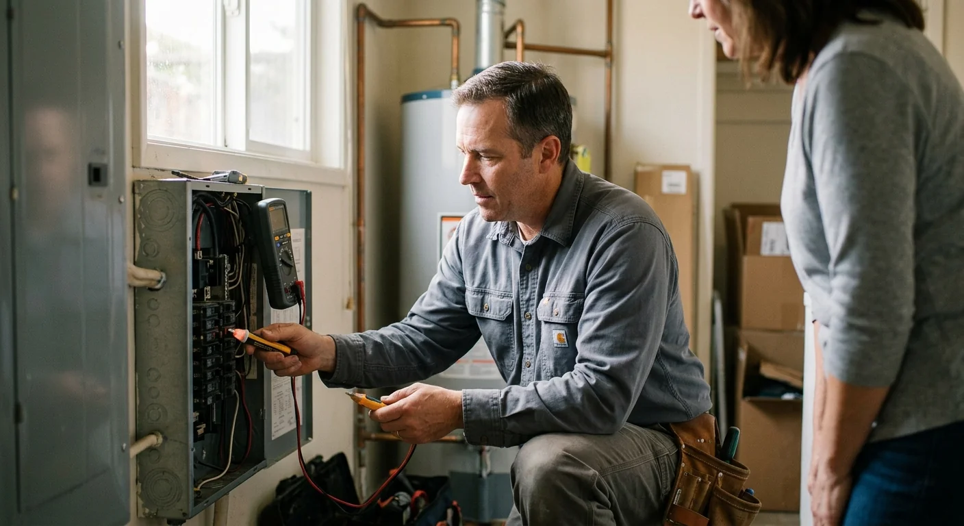 Electrician inspecting a residential electrical panel in a San Leandro home
