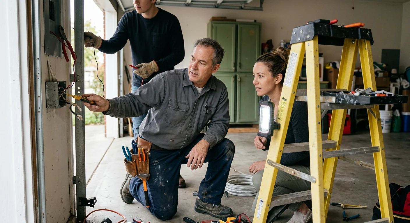 Electrician calmly reviewing an open breaker panel during an evening emergency service call