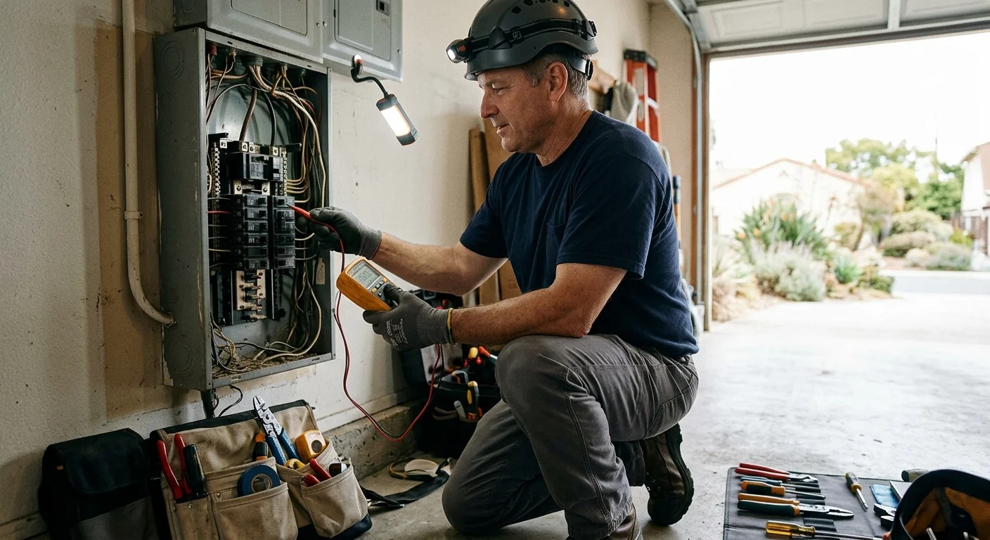Electrician testing a home service panel during an urgent repair in San Leandro