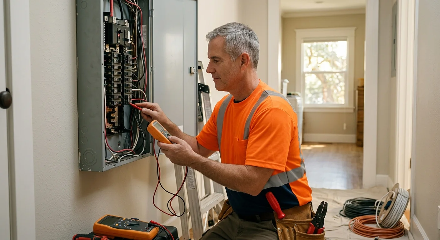 San Leandro electrician testing a home panel during an emergency service call
