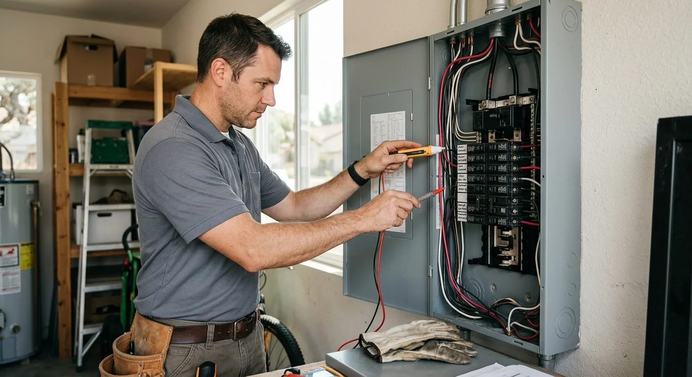 Technician tracing a tripped breaker inside an open residential electrical panel in San Leandro