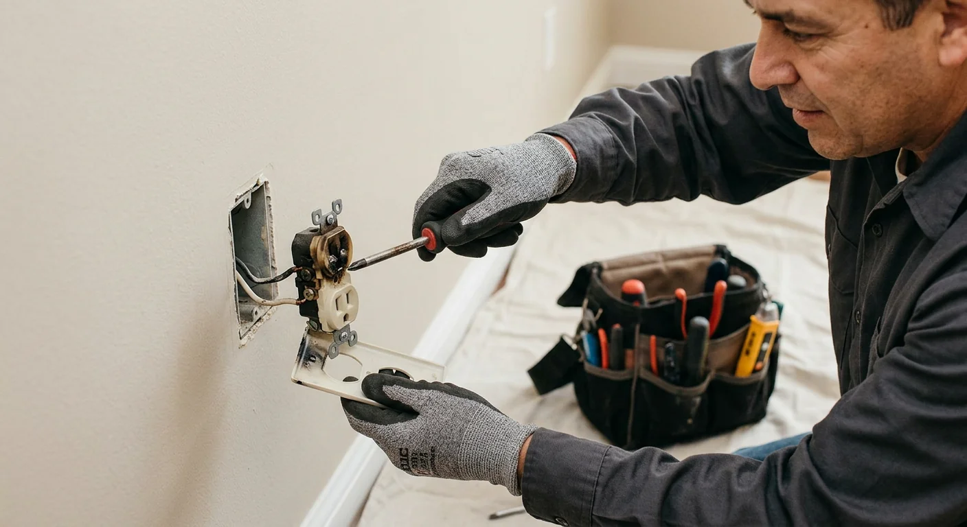 Close-up of scorched outlet being safely removed during an emergency repair call