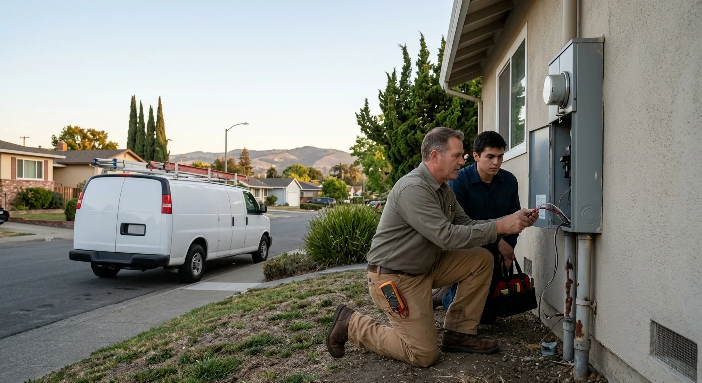 Wide shot of a home service van parked outside a San Leandro property at dusk