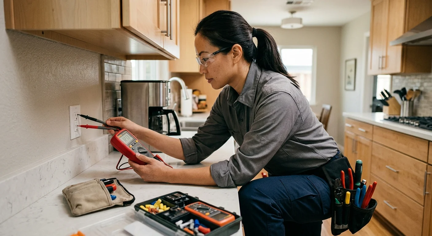 Electrician testing circuit voltage with a multimeter after restoring power to a kitchen