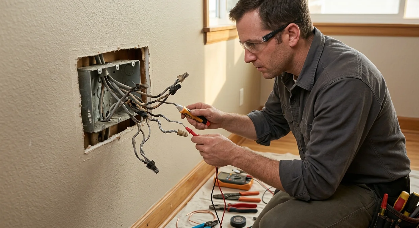 Damaged aluminum wiring exposed behind a wall junction box before careful replacement
