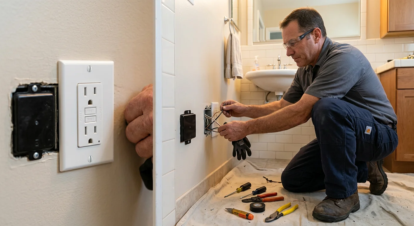 Newly installed GFCI outlet and tidy wiring after emergency repair in a bathroom