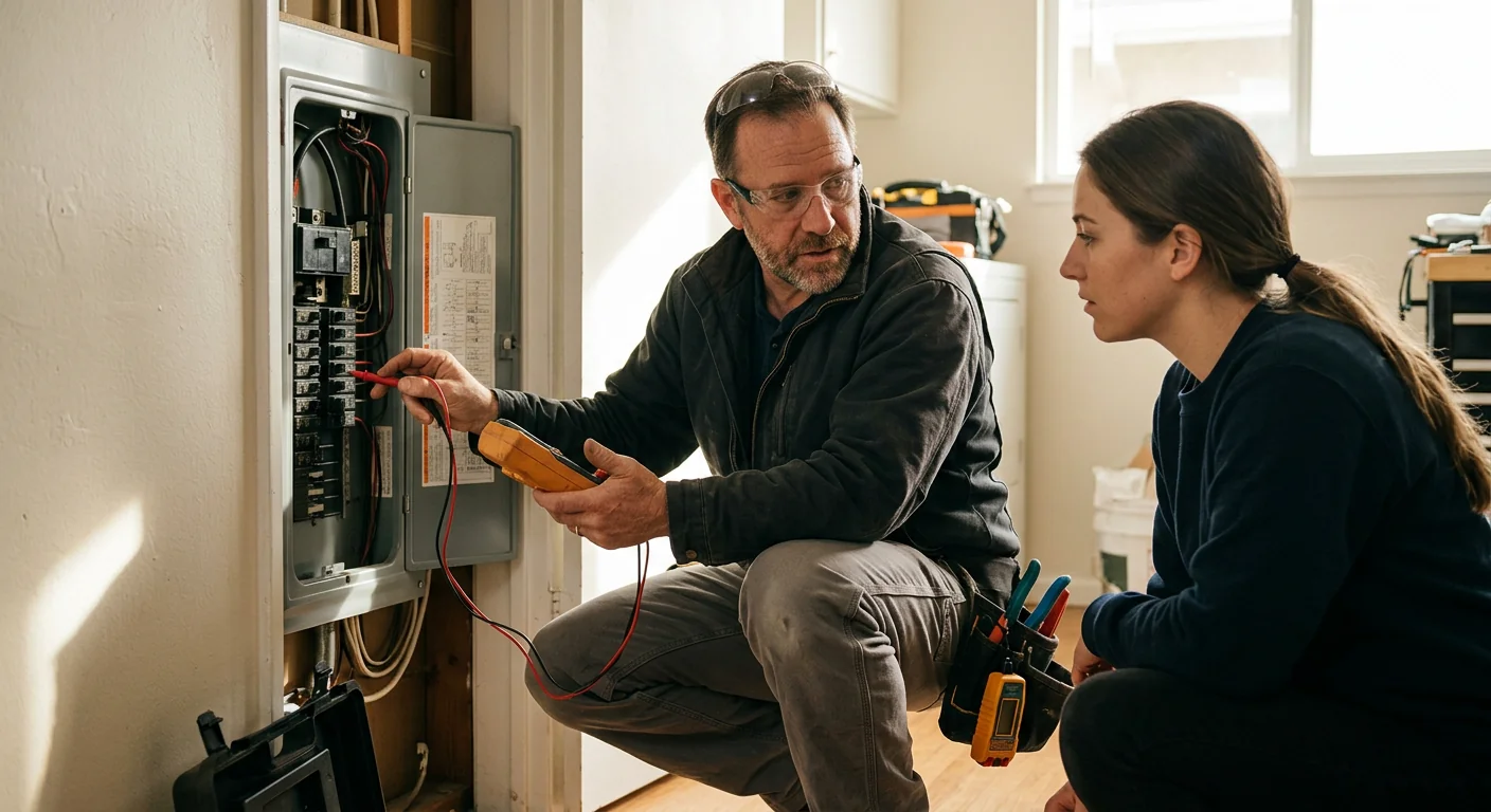 Technician reviewing charging options with a homeowner beside a garage electrical panel
