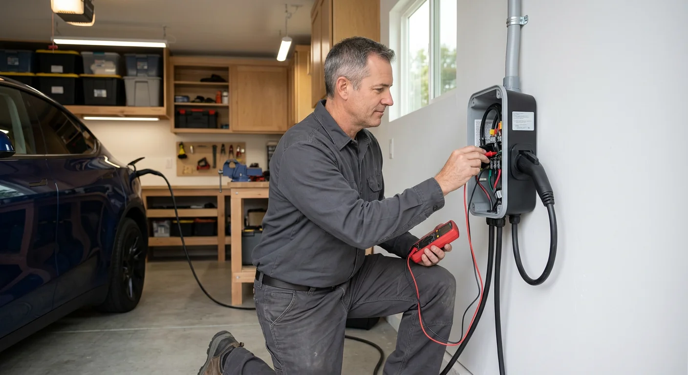Wall-mounted Level 2 EV charger installed in a tidy San Leandro garage