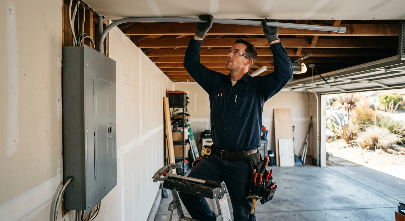 Electrician routing conduit from an electrical panel toward a garage charging point