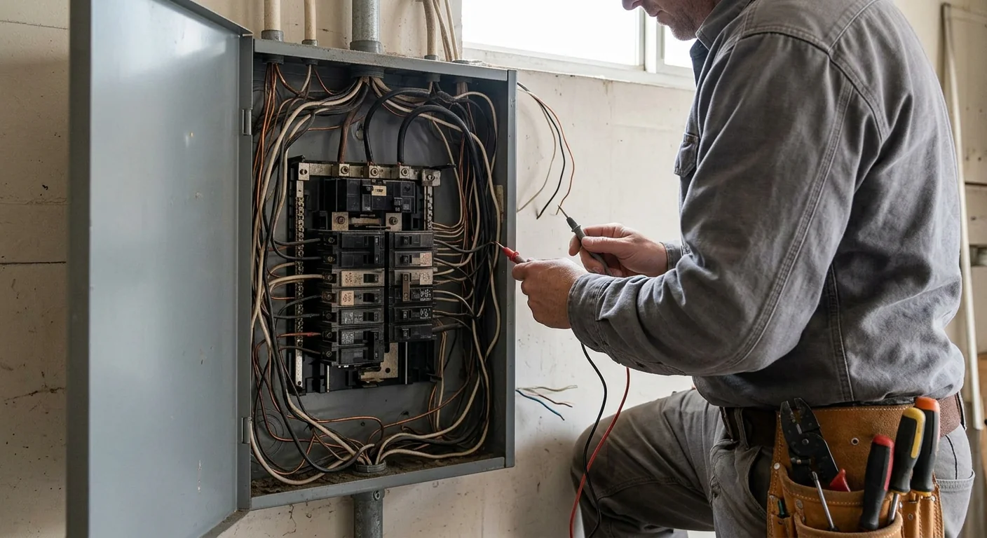 Older subpanel showing crowded breakers before a load calculation and upgrade