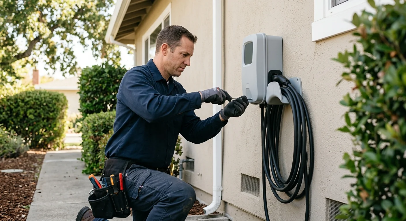 Finished EV charger with weatherproof enclosure on an exterior San Leandro wall
